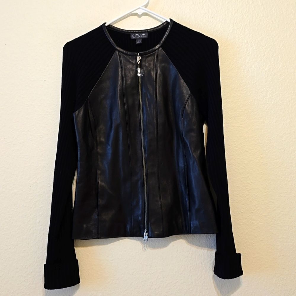 Clasiques Entier Nlack 100% Leather Front Body & Wool Jacket size‎ large petite